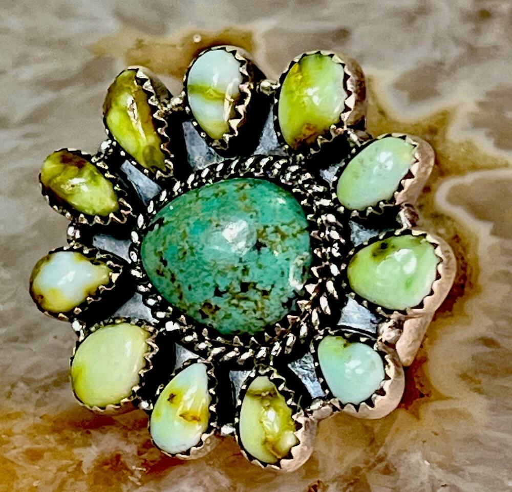 Sterling Silver Kingman & Palomino Turquoise Cluster Ring Adj Size Statement